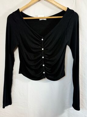 Lydia Black Ruched Button-Front Long Sleeve Top